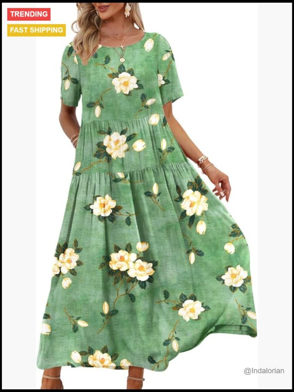 Casual Loose Bohemian Floral Maxi Dress with Pockets Short Sleeve Swing Dress